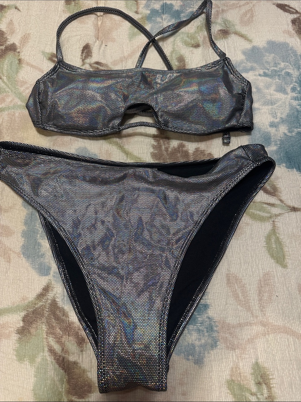 No Boundaries Iridescent Silver Black Bikini Set